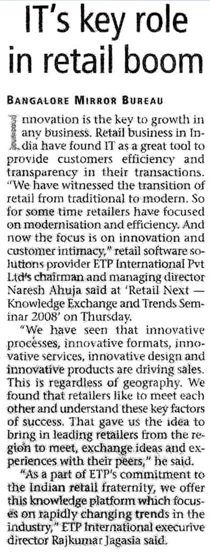 Bangalore Mirror covers Retail NEXT and reports IT plays a key role in retail boom