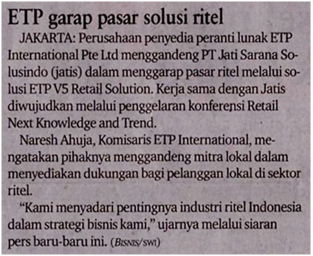 Bisnis Indonesia Writes On ETP and PT Jatis Partnership