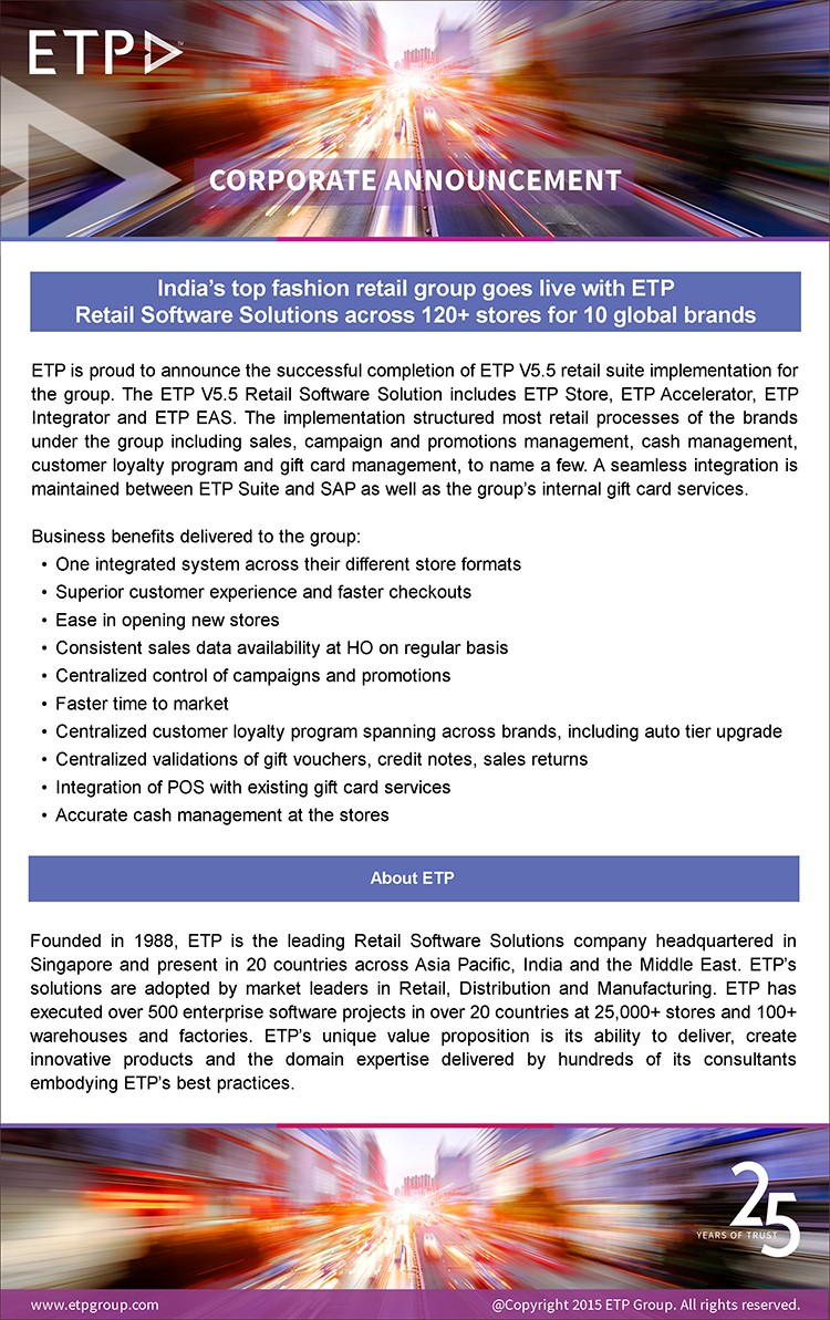 India's top fashion group goes live with ETP Retail Solutions across 120+ stores for 10 global brands