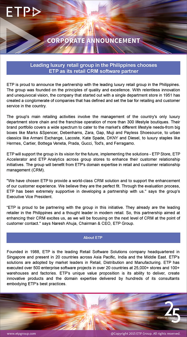 Leading luxury retail group in the Philippines chooses ETP as its retail CRM software partner