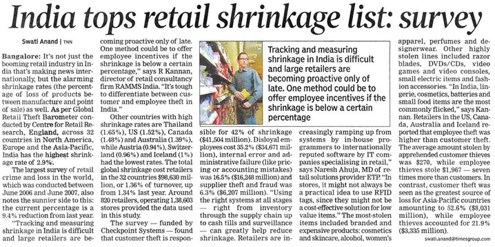 The Times of India interviews ETP during Retail NEXT for retail shrinkage story (Jan 18, 2008 - TOI Bangalore)