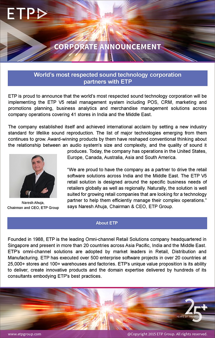World's most respected sound technology corporation goes live in UAE with ETP V5 Retail Software Solution