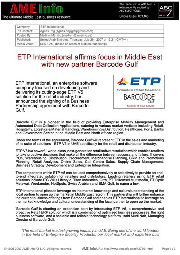ETP International affirms focus in Middle East with new partner Barcode Gulf