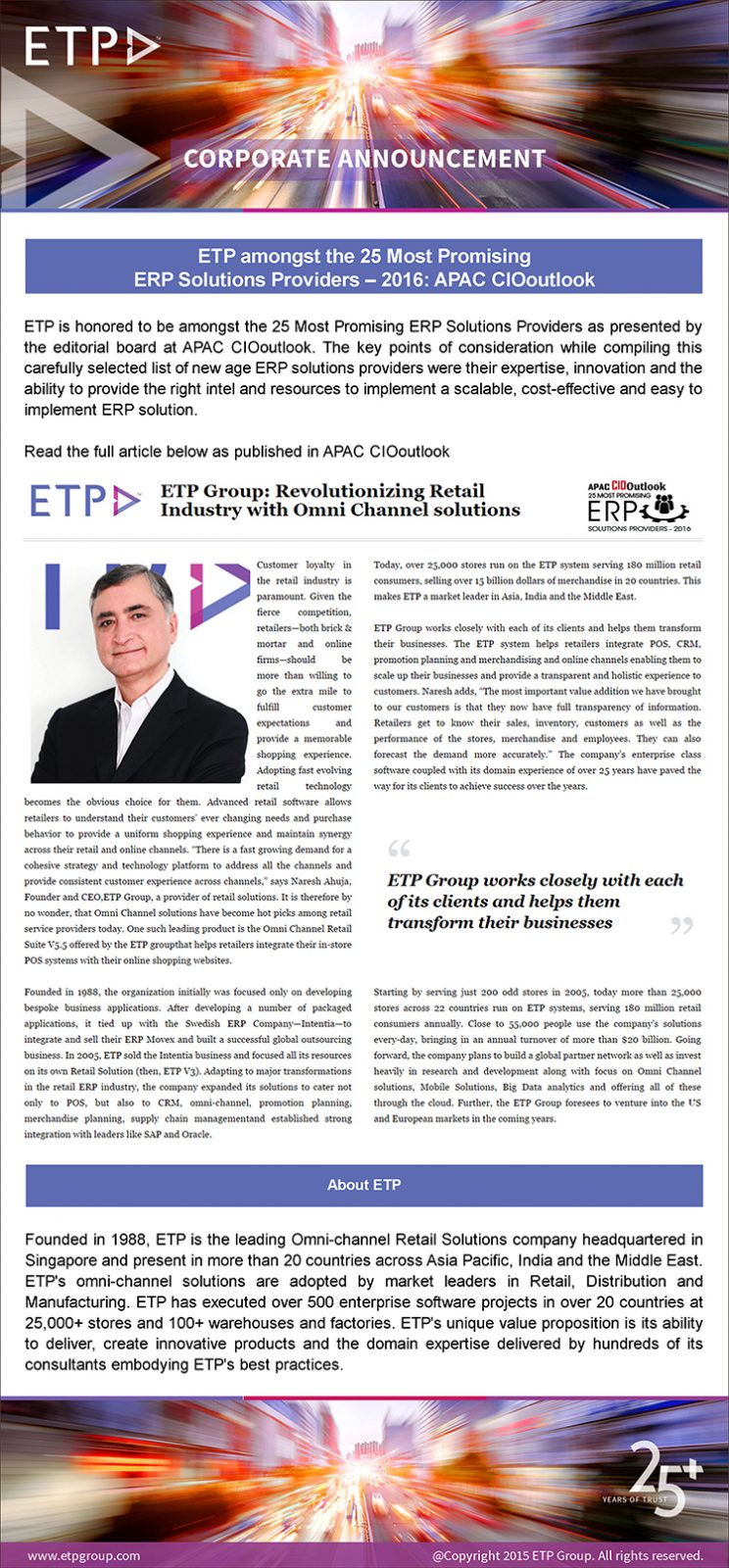 ETP amongst the 25 Most Promising ERP Solutions Providers – 2016 APAC CIOoutlook