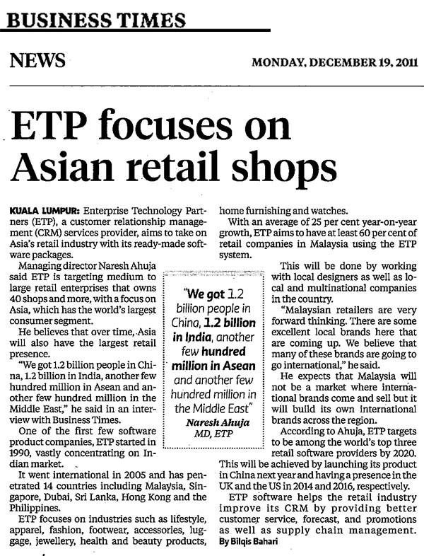 ETP focuses on Asian retail shops - Business Times
