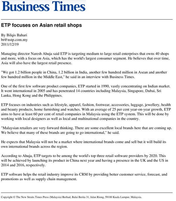 ETP focuses on Asian retail shops - Business Times