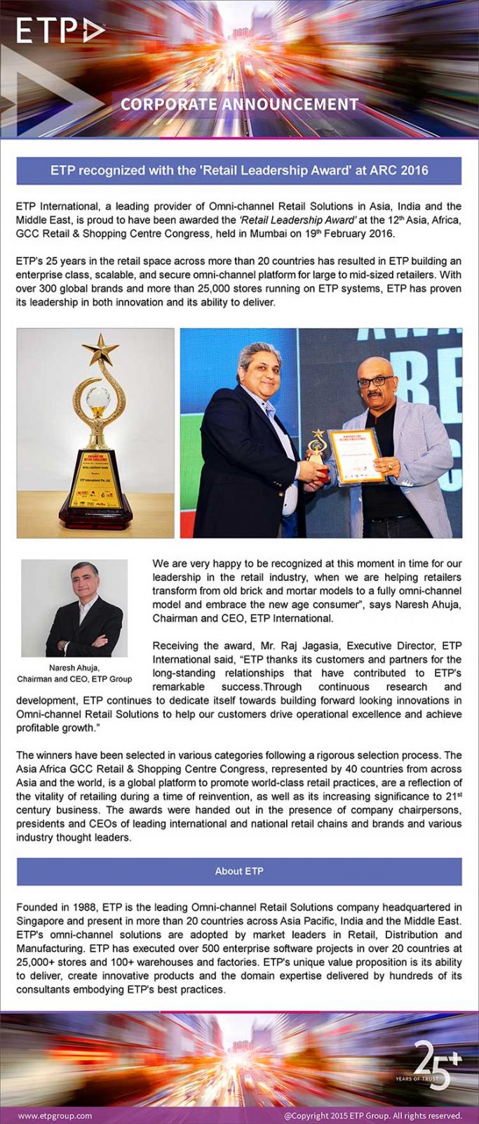 ETP recognized with the ´Retail Leadership Award´ at ARC 2016