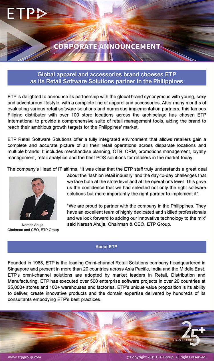 Global apparel and accessories brand chooses ETP as its Retail Software Solutions partner in the Philippines