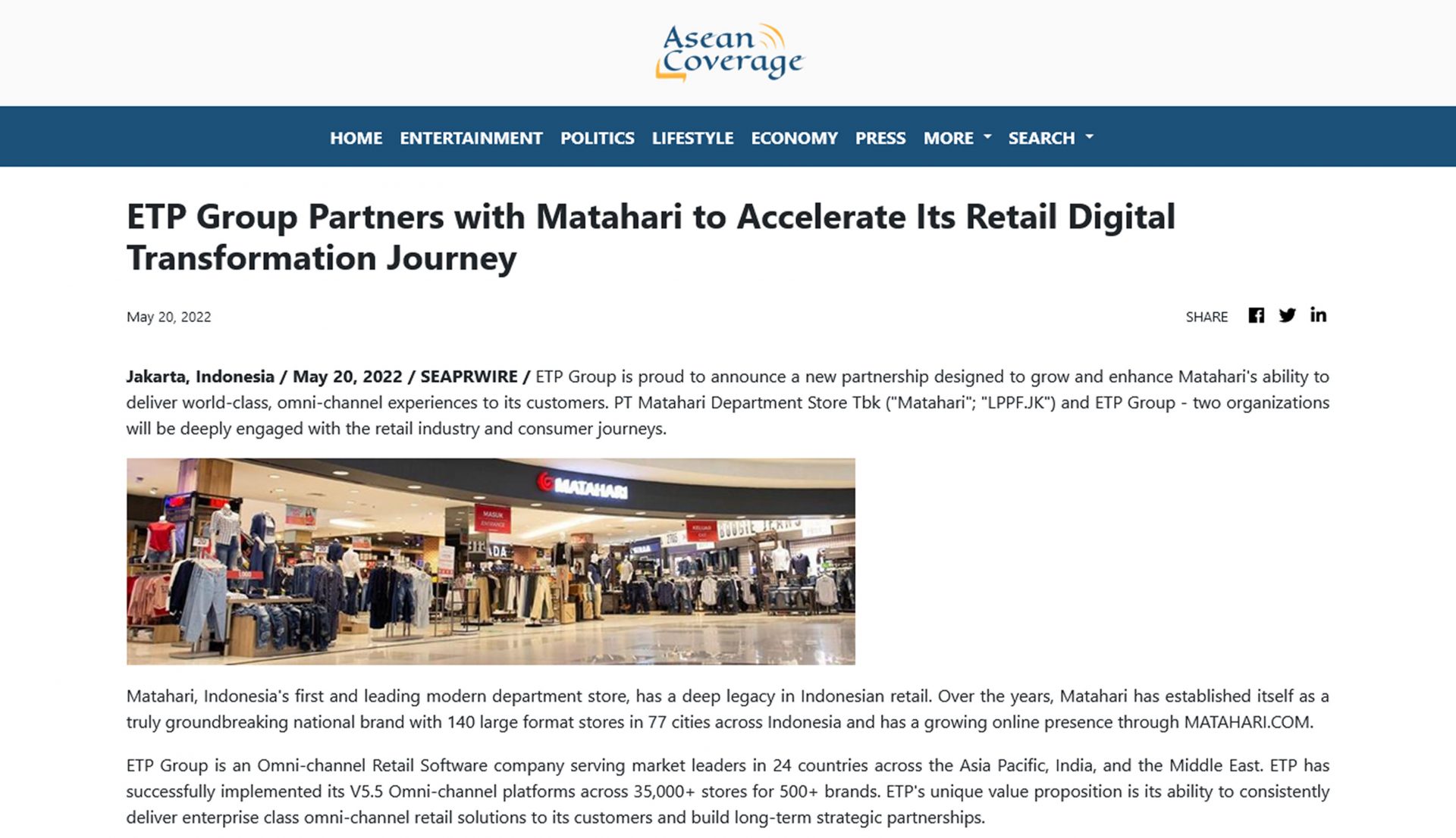 Asean Coverage: ETP Group Partners with Matahari to Accelerate Its Retail Digital Transformation Journey