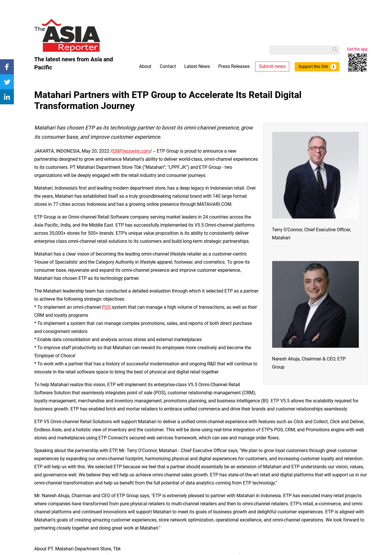 The Asia Reporter: Matahari Partners with ETP Group to Accelerate Its Retail Digital Transformation Journey