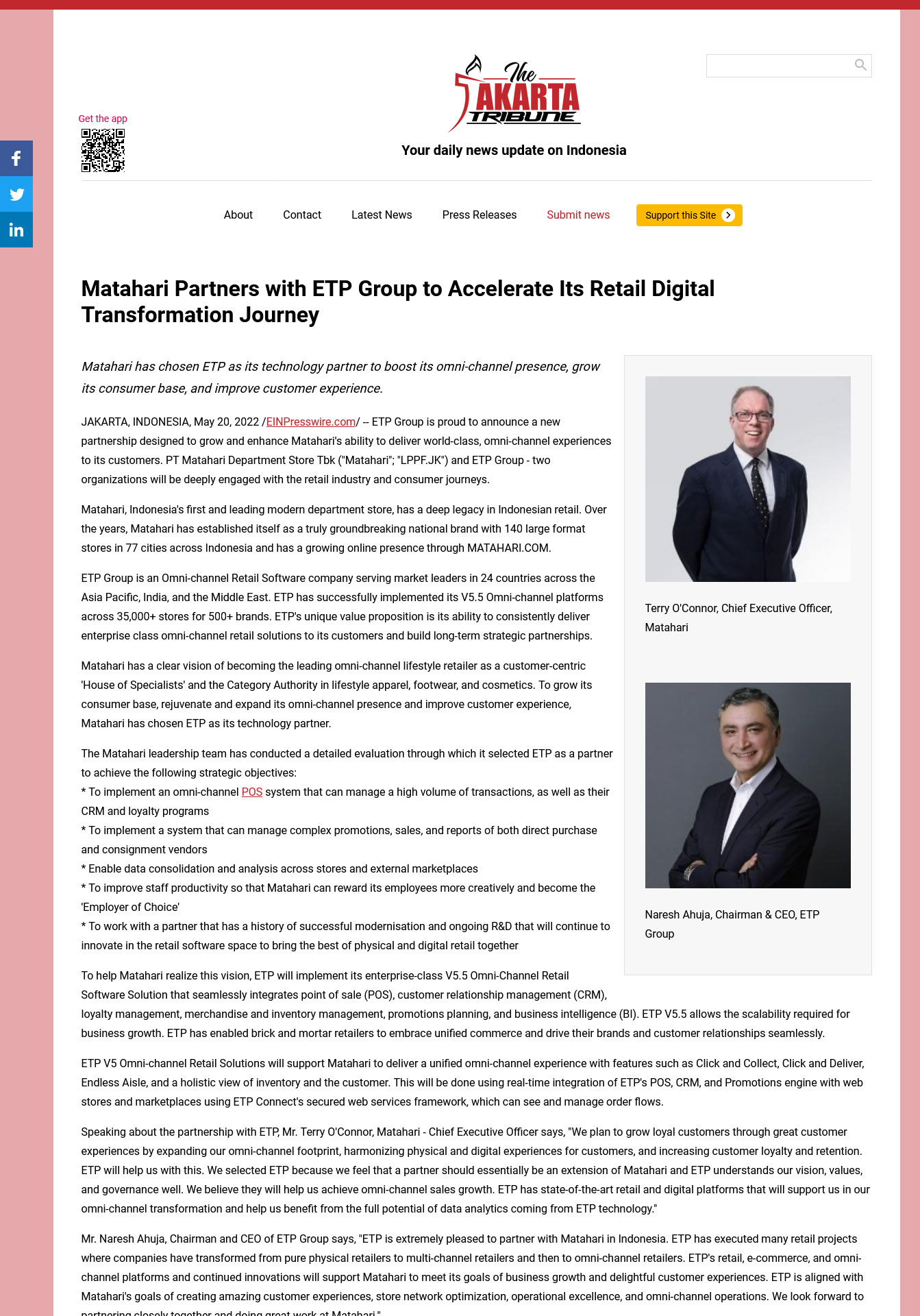 The Jakarta Tribune: Matahari Partners with ETP Group to Accelerate Its Retail Digital Transformation Journey